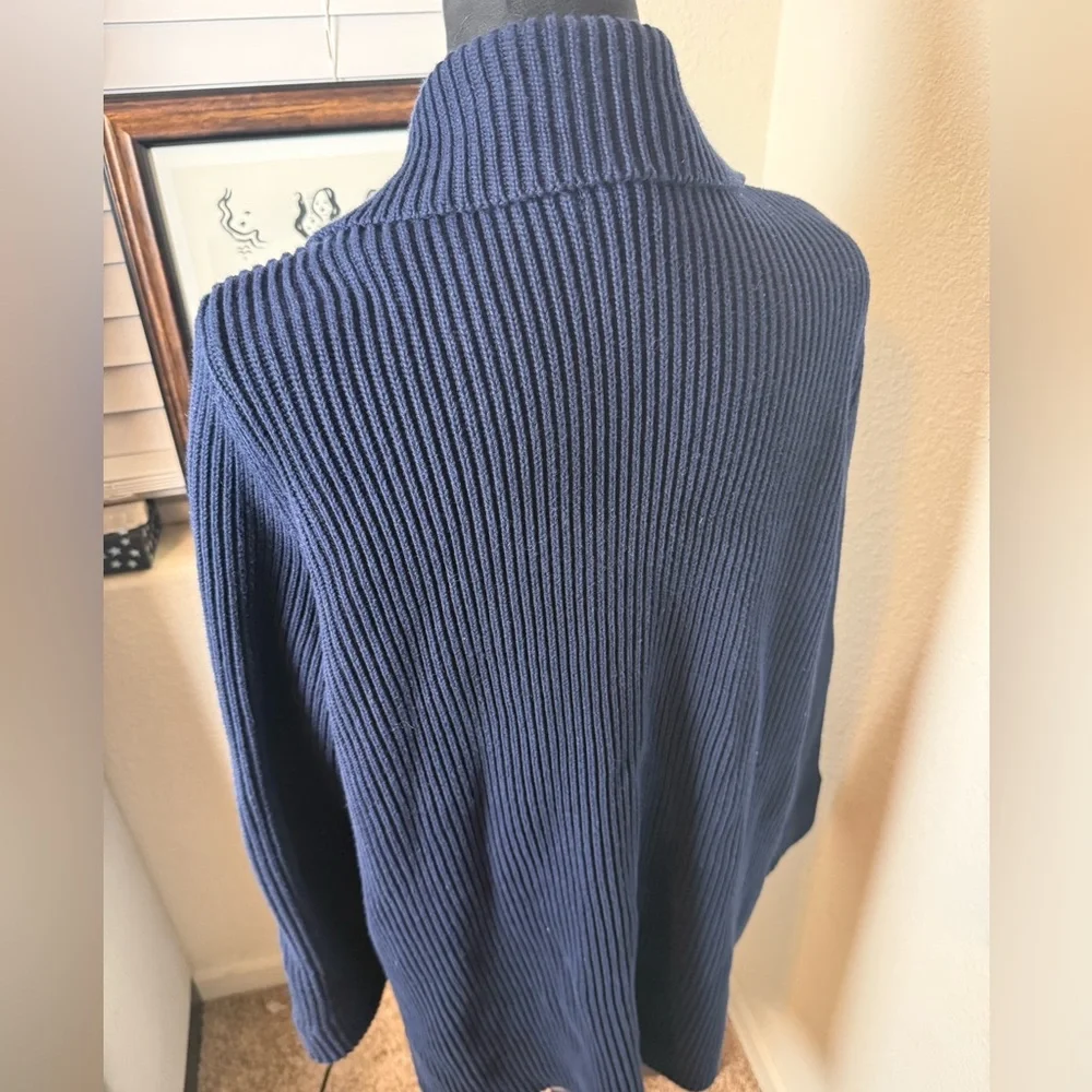 Lauren Ralph Lauren Double Breasted Cardigan Large Chunky Knit Navy Gold Pockets